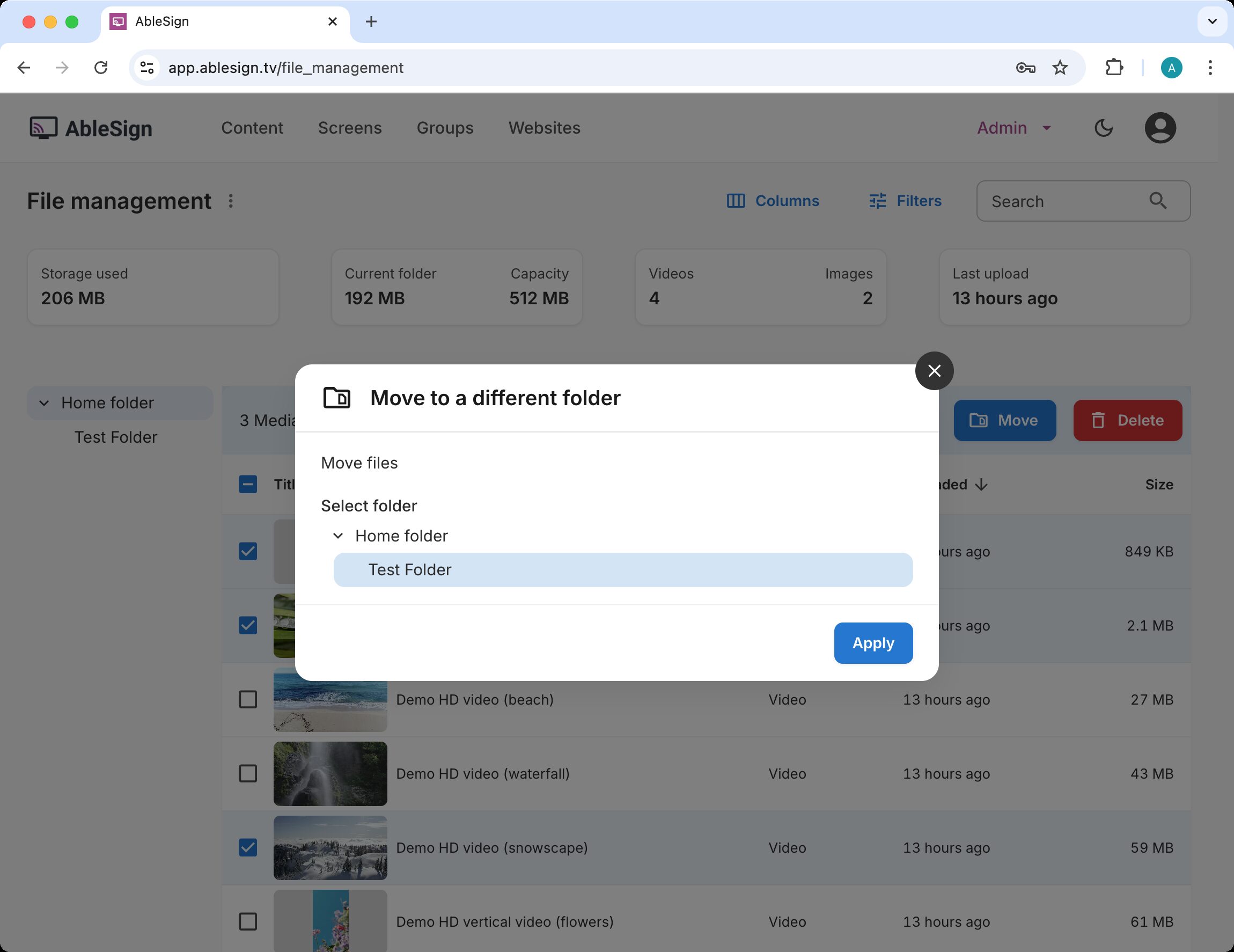 digital signage bulk actions move to folder