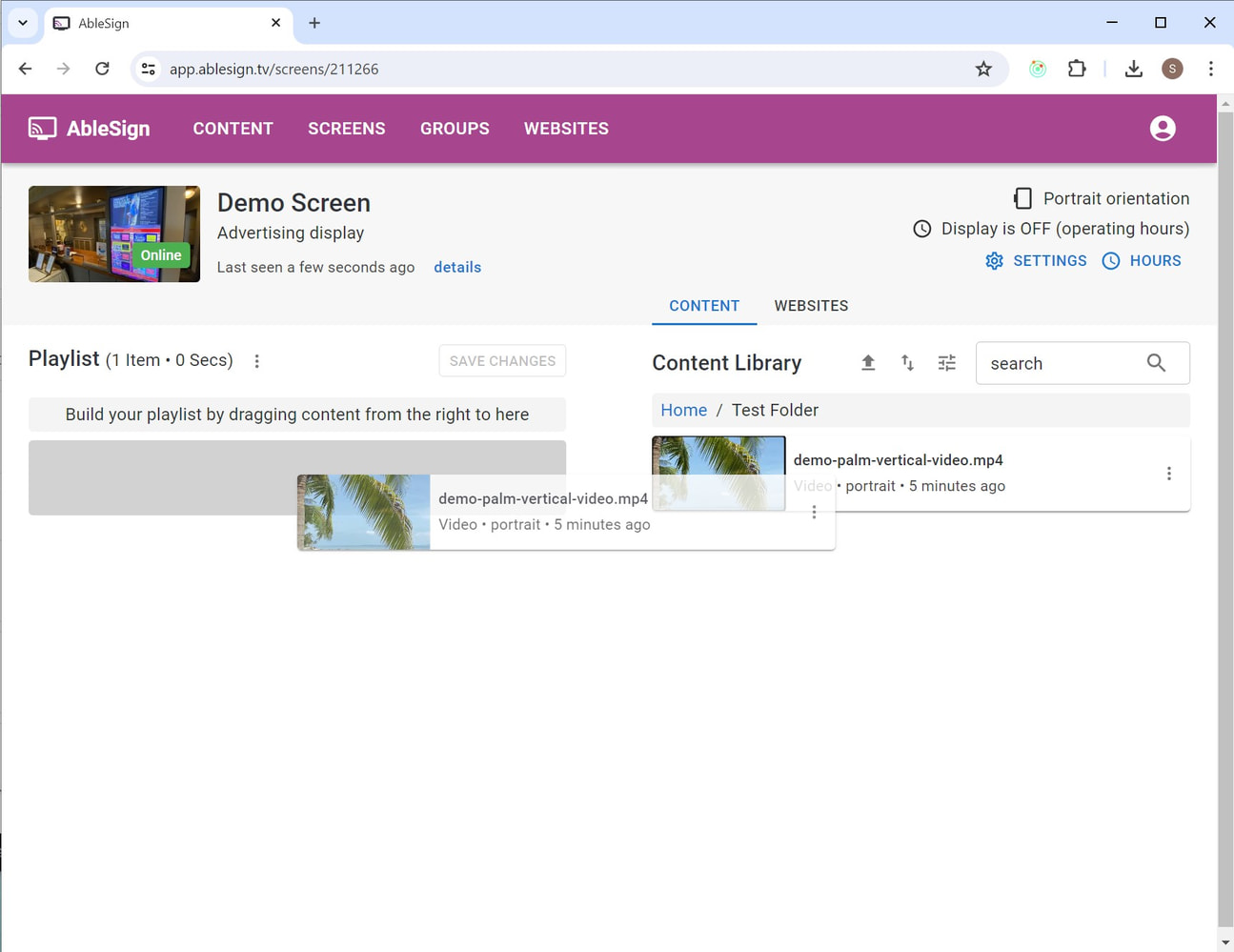 digital signage demo screen add from folder