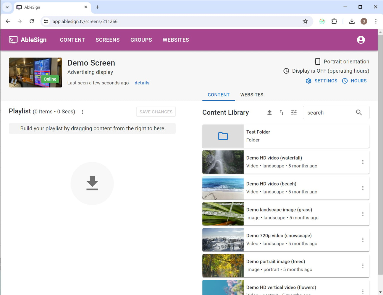 digital signage demo screen with folder