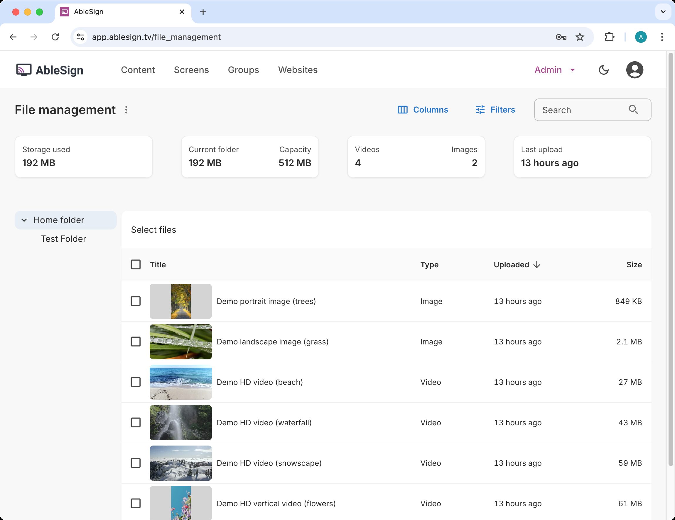 digital signage file management page