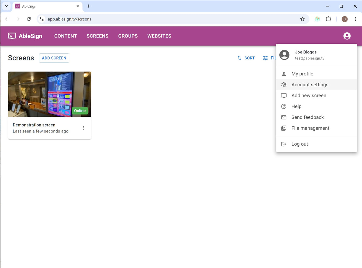 digital signage screens page