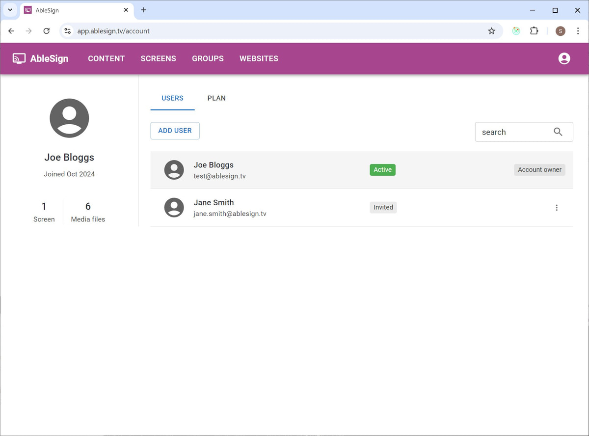 digital signage user list invited