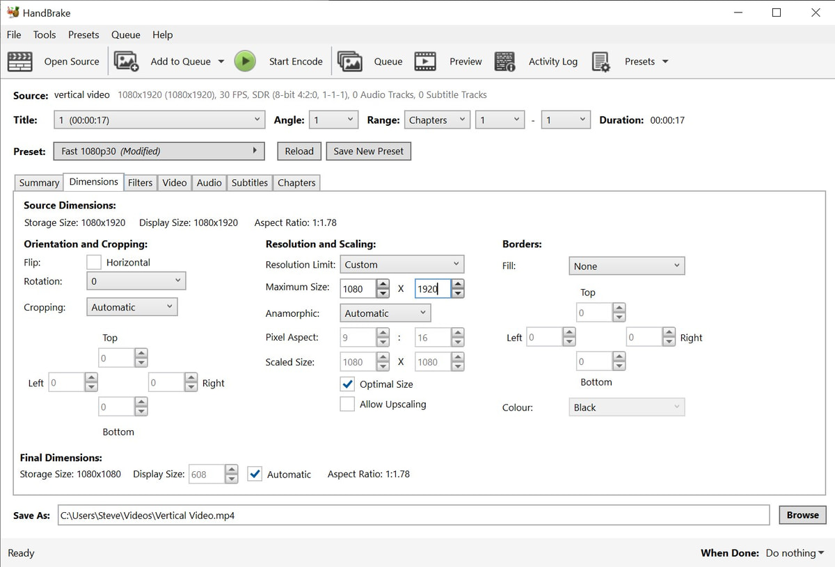 handbrake set dimensions