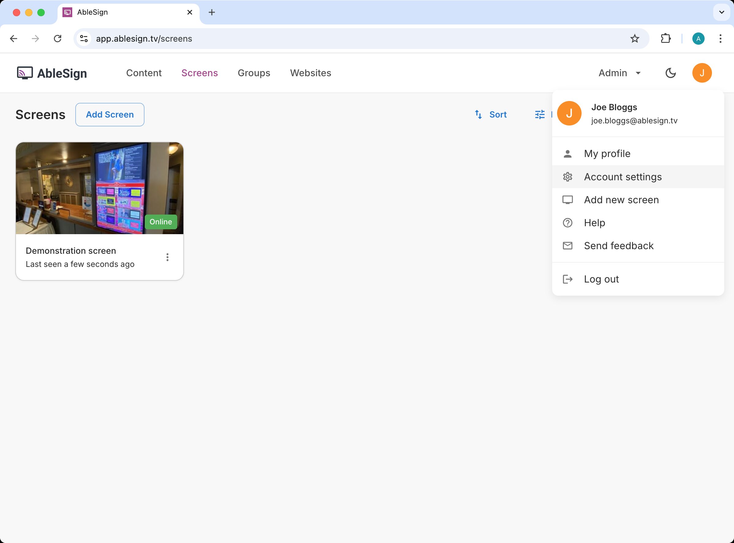 account settings screens page